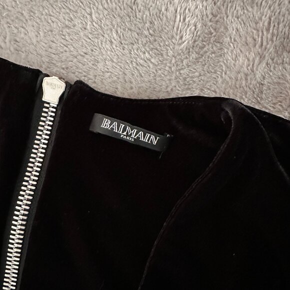 Balmain Black Velvet Embellished Ruched Slit Front Gown Dress size 46 - Picture 6 of 10